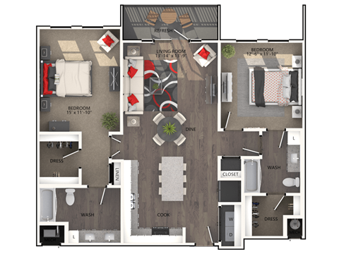 Floor plan for 2 beds, 2 baths, 1205 sqft